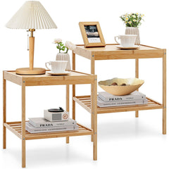 Two natural bamboo nightstands styled with books, cups and ornaments