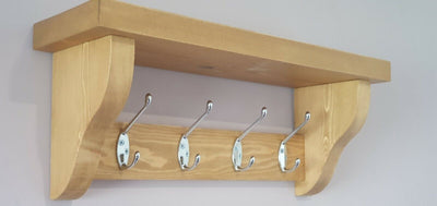 COAT RACK WITH SHELF Handmade With 4 Chrome Double Hooks, Medium Oak wax