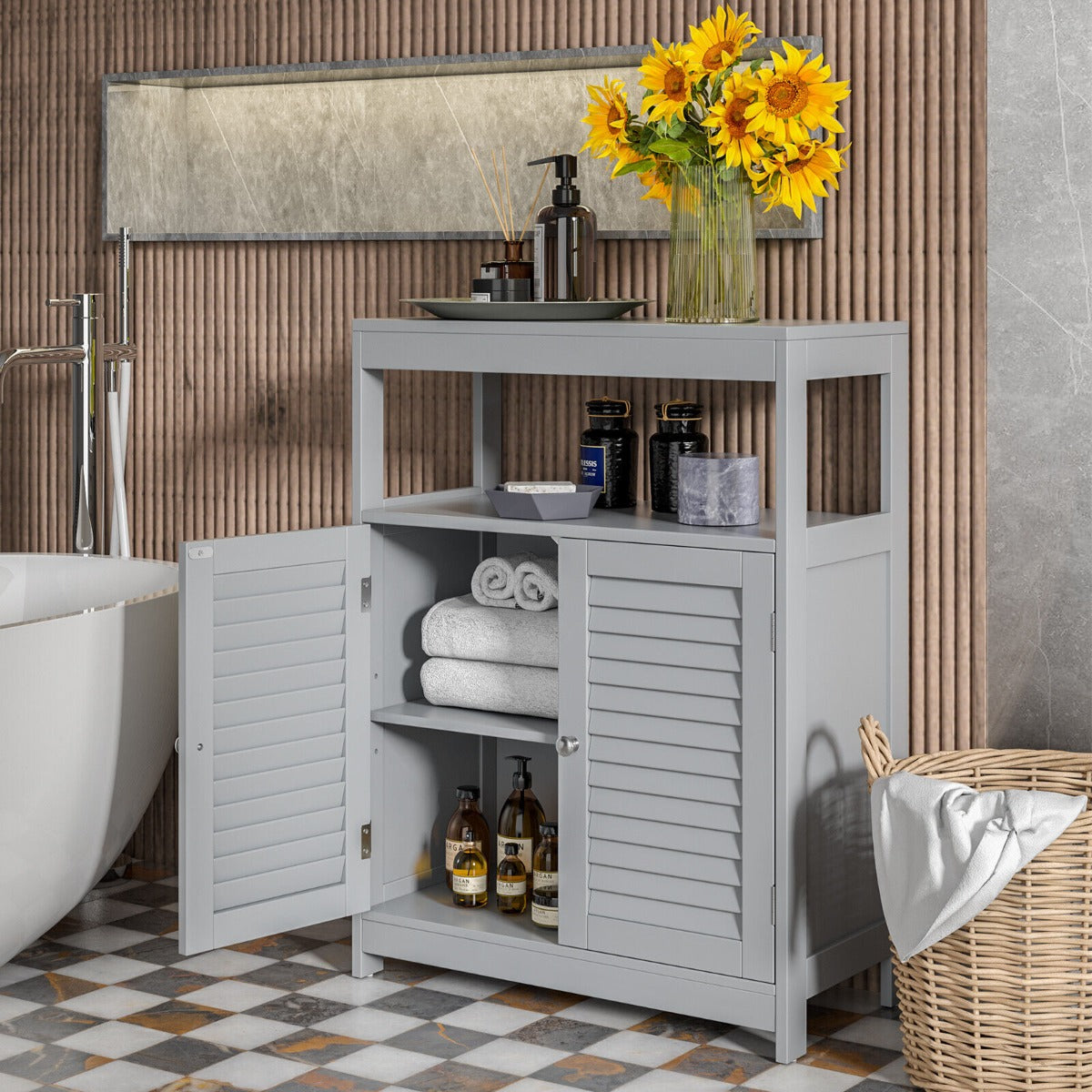Bathroom Floor Cabinet with Double Shutter Door and Adjustable Shelf-Grey