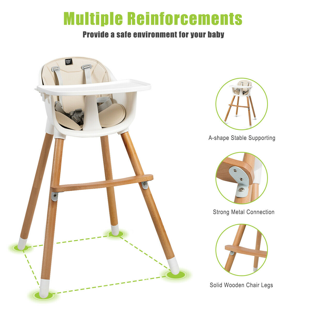 The wooden high chair with callouts for the stable legs and metal joints
