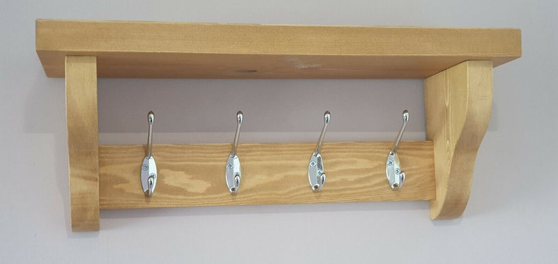 COAT RACK WITH SHELF Handmade With 4 Chrome Double Hooks, Medium Oak wax