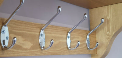 COAT RACK WITH SHELF Handmade With 4 Chrome Double Hooks, Medium Oak wax