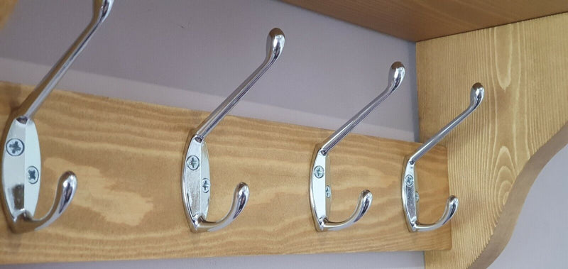 COAT RACK WITH SHELF Handmade With 4 Chrome Double Hooks, Medium Oak wax