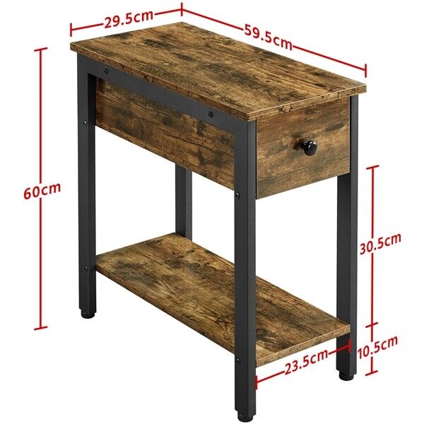 2-Tier Industrial End Table Narrow Side Table Rustic Nightstand for Small Spaces