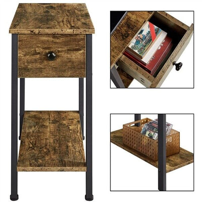 2-Tier Industrial End Table Narrow Side Table Rustic Nightstand for Small Spaces