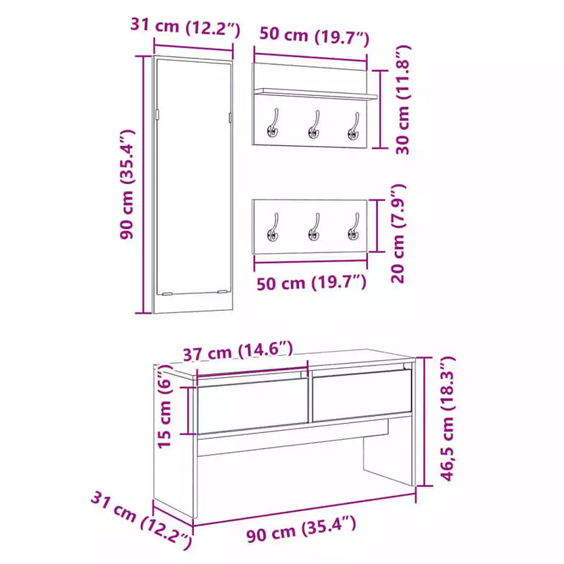 4 Piece Hallway Furniture Set Sonoma Oak Engineered Wood