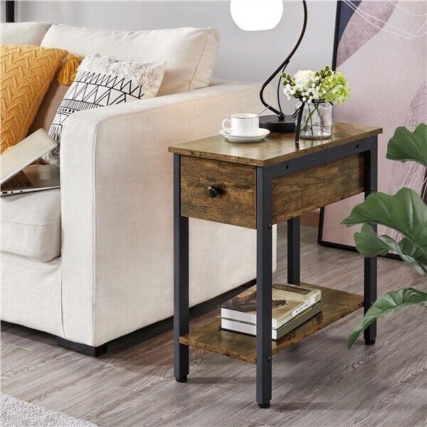 2-Tier Industrial End Table Narrow Side Table Rustic Nightstand for Small Spaces