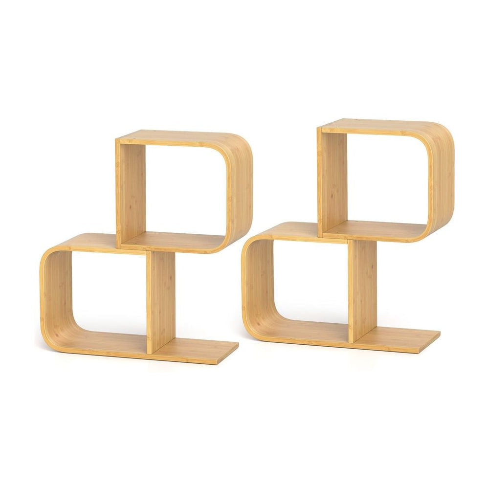 S-Shaped Bookcase Bamboo Bookshelf set of two units standing side by side on a white background