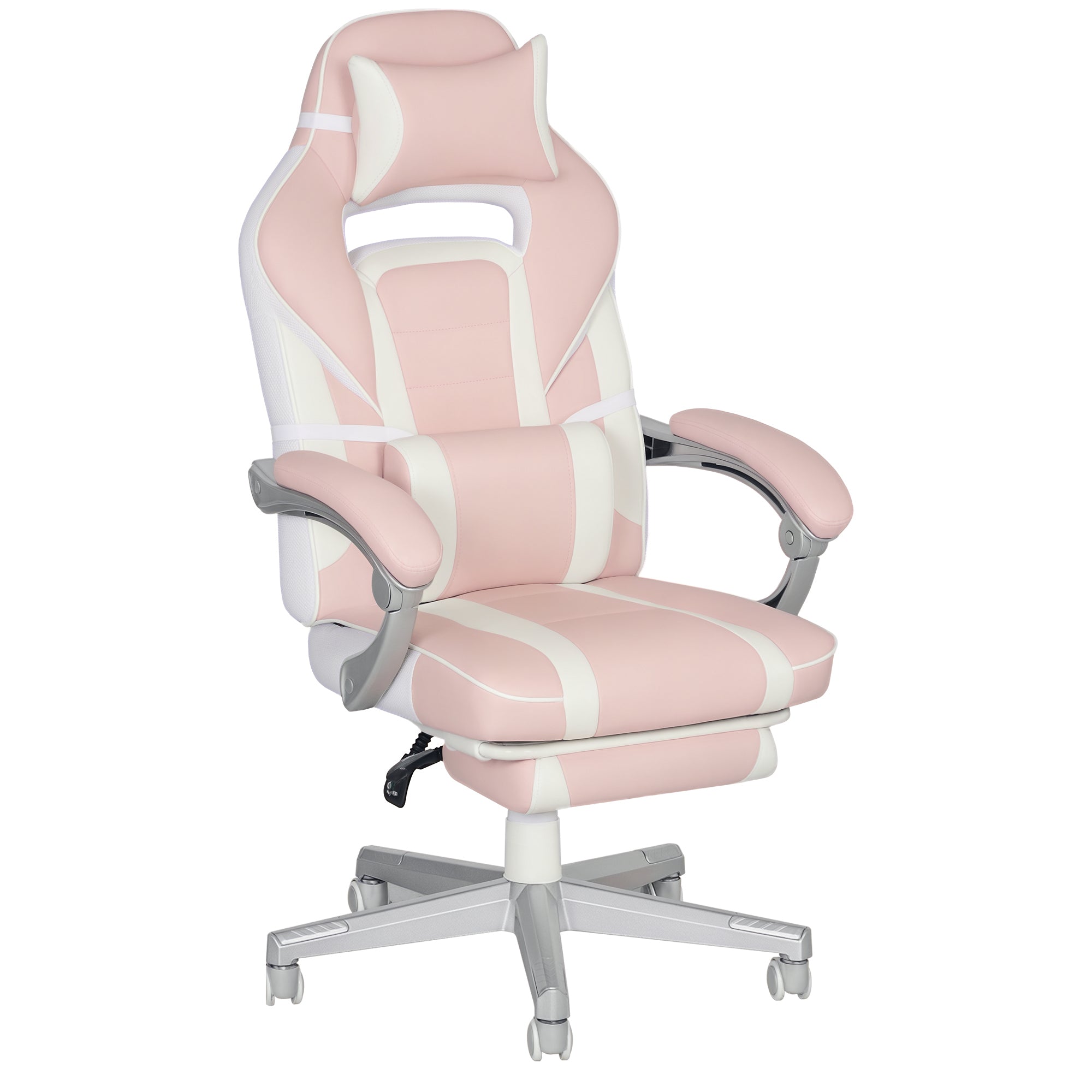 HOMCOM Faux Leather Reclining Gaming Chair, with Footrest - Pink/White