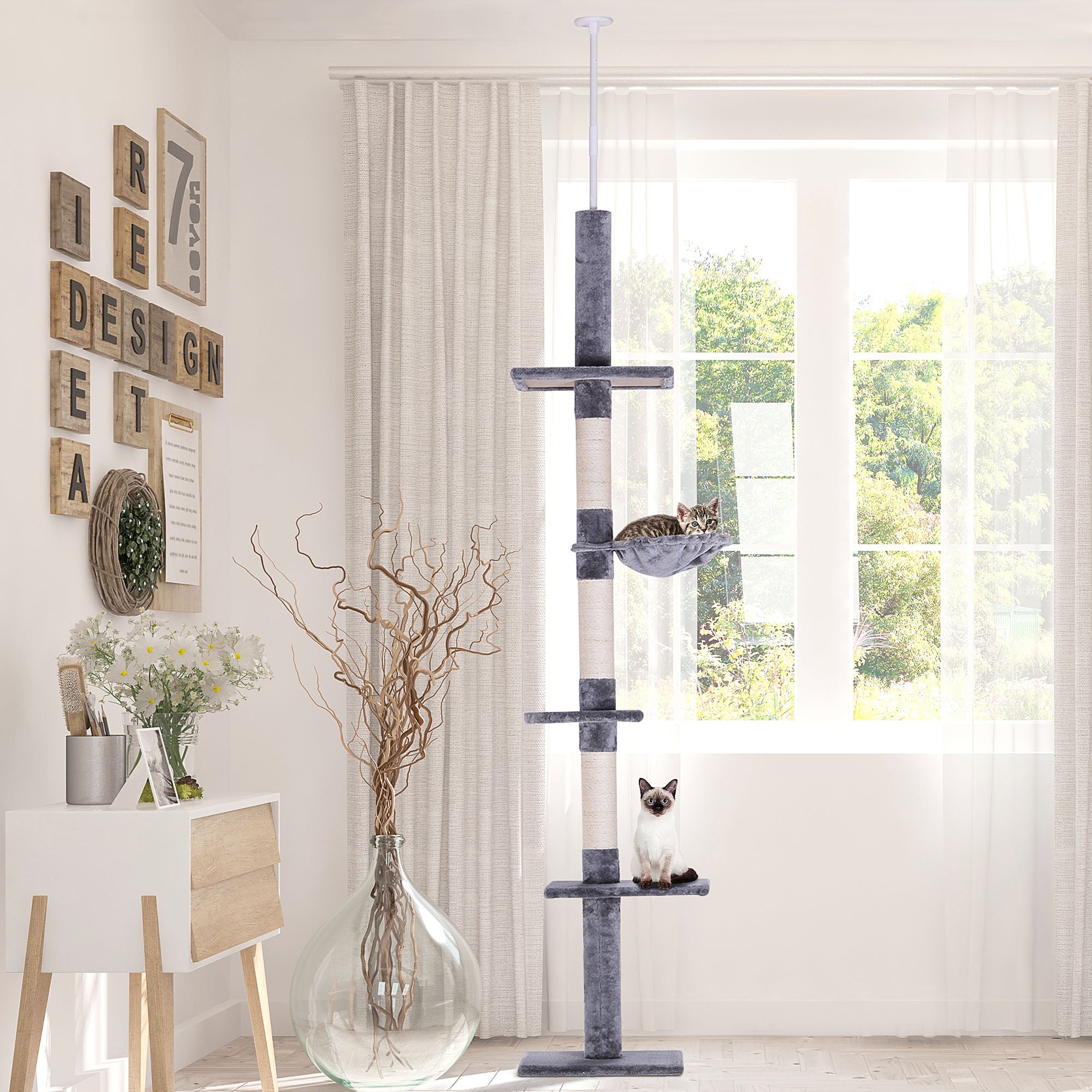 PawHut Floor to Ceiling Cat Tree for Indoor Cats 5-Tier Kitty Tower Climbing Activity Center Scratching Post Adjustable Height 230-260 cm Grey