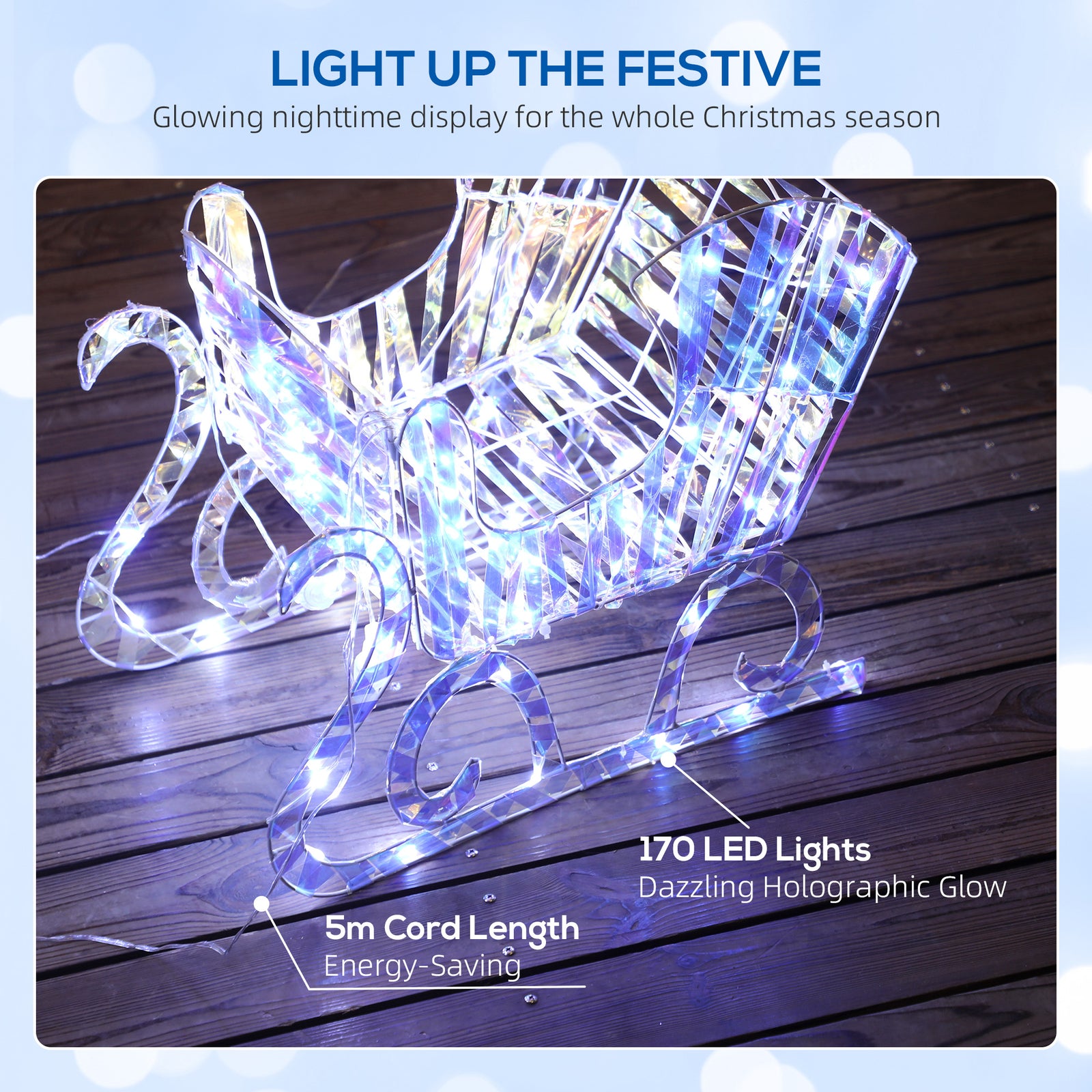Outsunny Lighted Christmas Reindeer with Sleigh, Outdoor Yard Reindeer with 170 Warm White LED Lights, Holiday Decor with Stakes, Waterproof, Silver