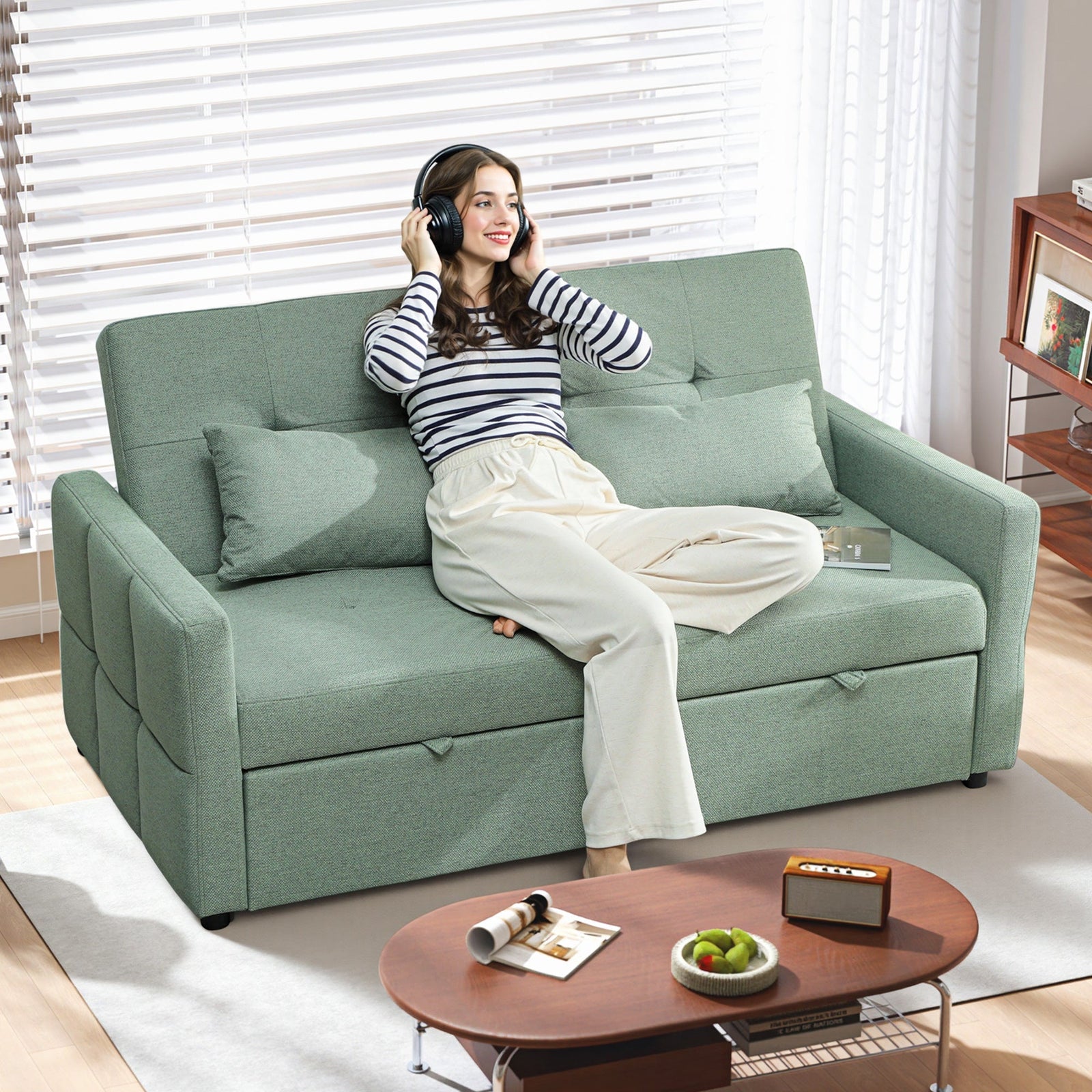 HOMCOM Three-Way 2 Seater Sofa Bed with Three-position back and Two Soft Pillows - Green