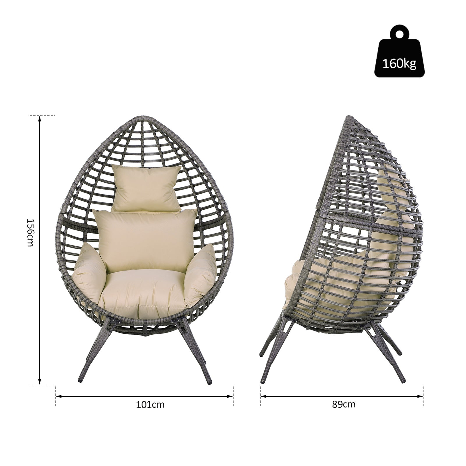Outsunny Garden Egg Chair, Teardrop Outdoor PE Rattan Chair with Full-body Soft Padded Cushion, Grey