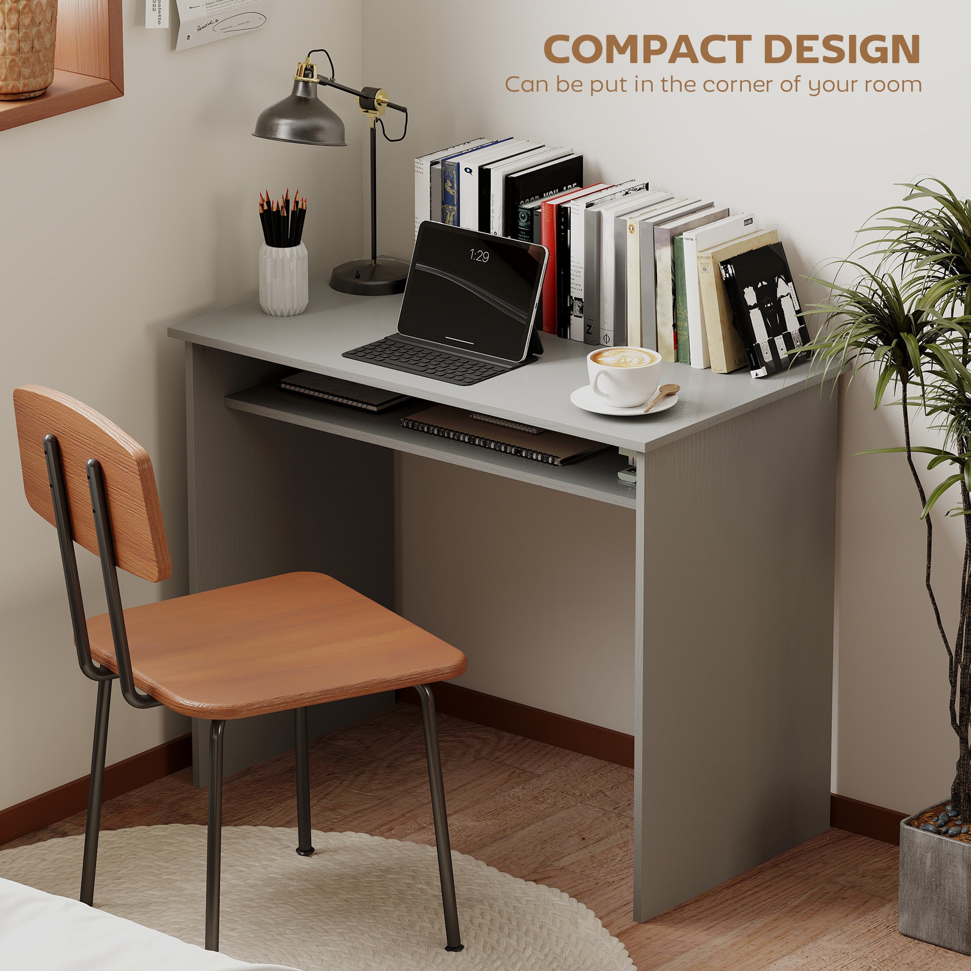 HOMCOM Modern Computer Desk, Home Office Table, Small Writing Desk with Storage Shelf, 90 x 50cm, Grey