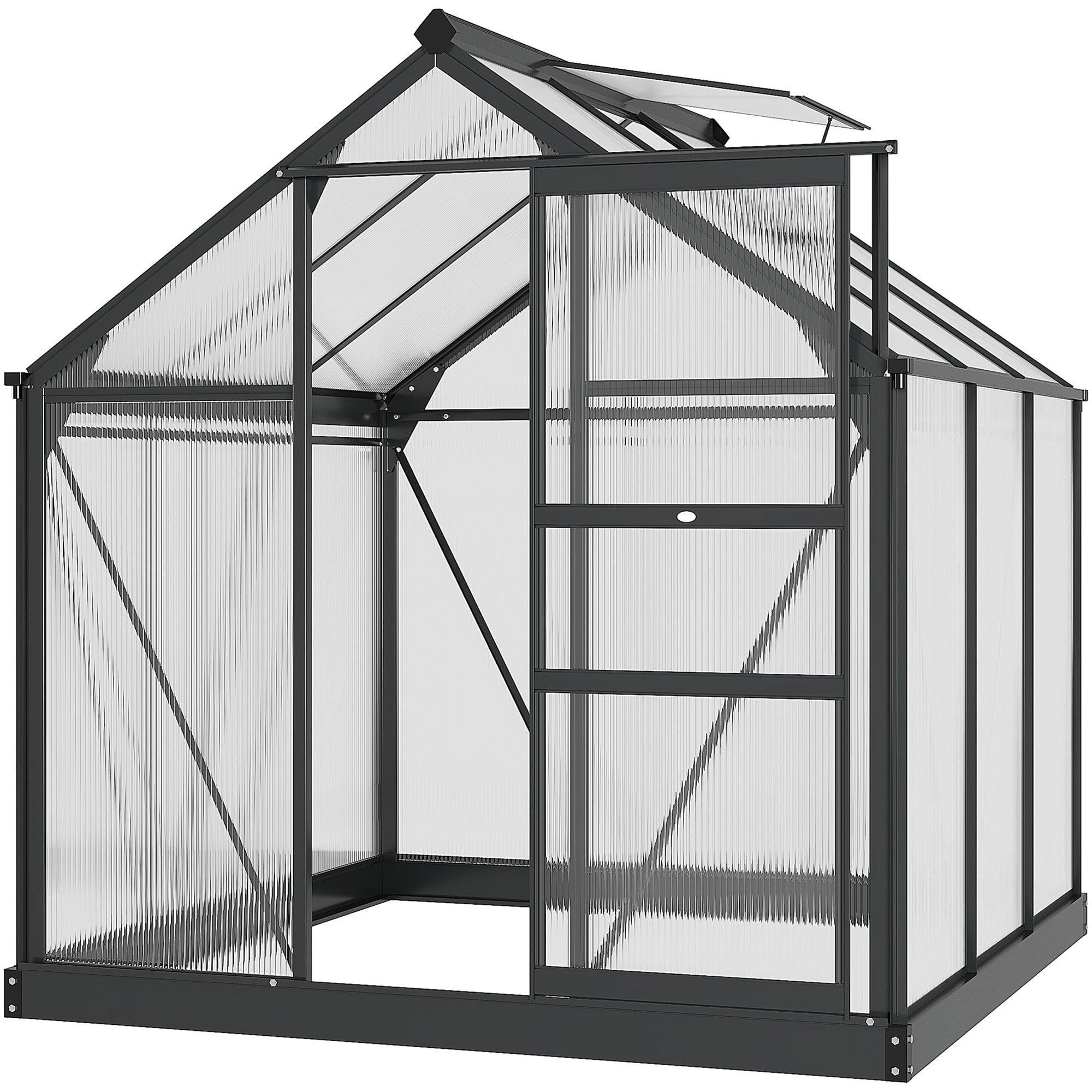 Outsunny 6 x 6ft Polycarbonate Greenhouse, Large Walk-In Green House with Slide Door and Window, Garden Plants Grow House with Aluminium Frame and Foundation, Grey