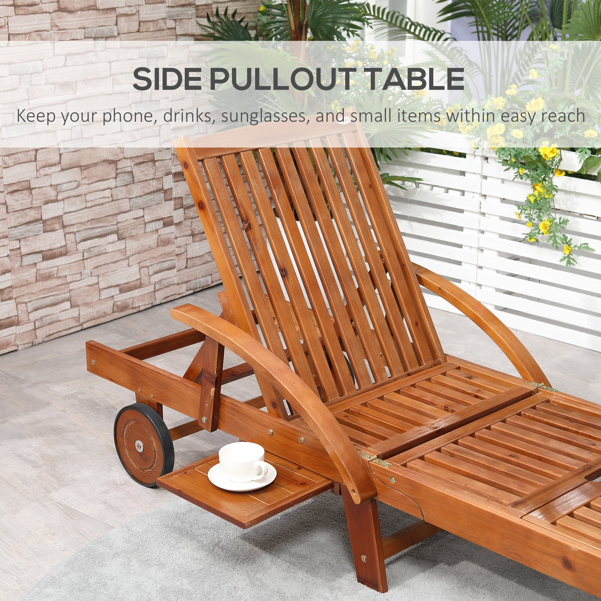 Outsunny Folding Wooden Sun Lounger, 4-Level Adjustable Garden Lounger Recliner with Side Tray and Wheels, Outdoor Reclining Sunbed with Slatted Seat and Armrests for Patio, Terrace, Teak