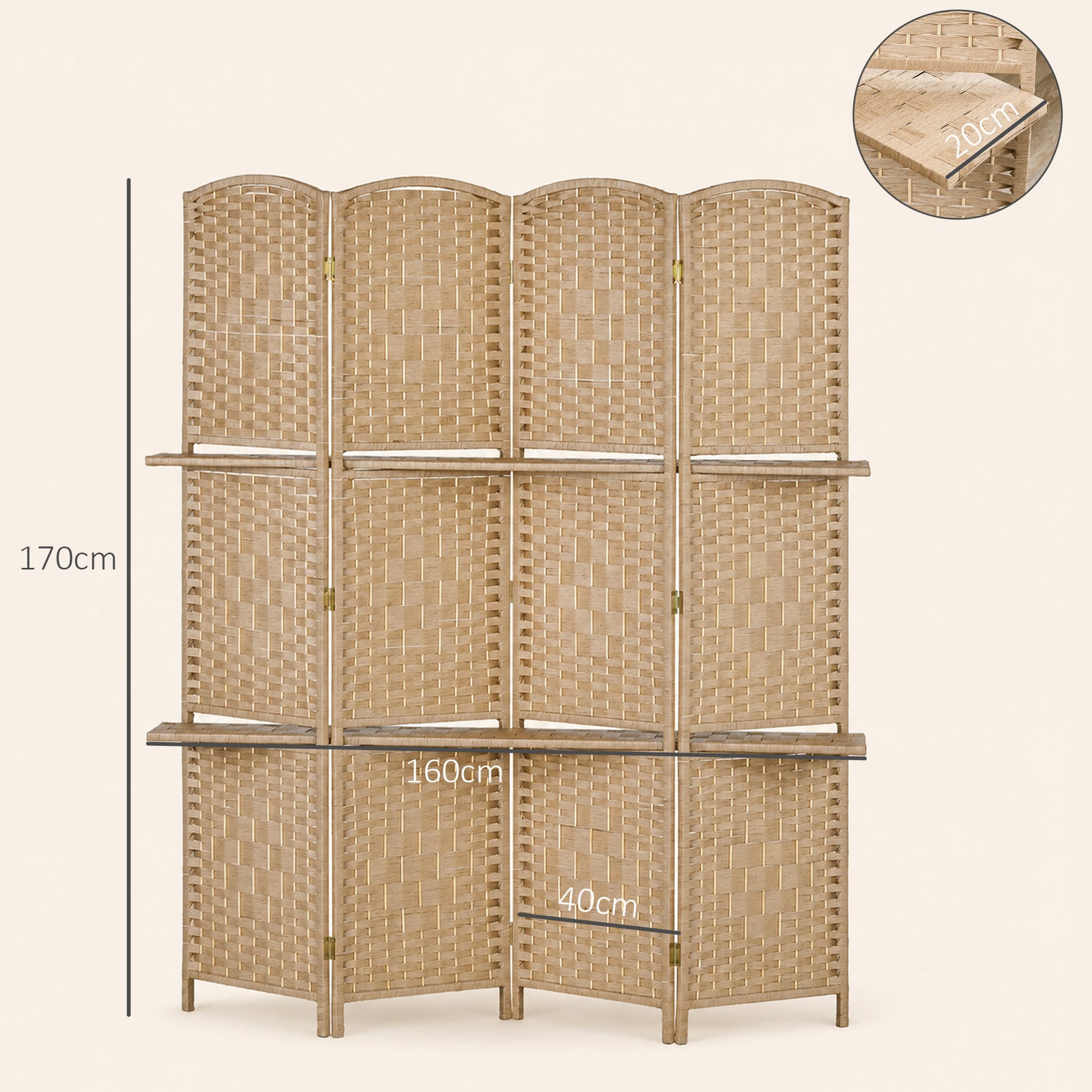 HOMCOM Freestanding Privacy Screen, 4 Panel Folding Room Divider for Living Room, Bedroom and Office, 160 x 170cm, Natural