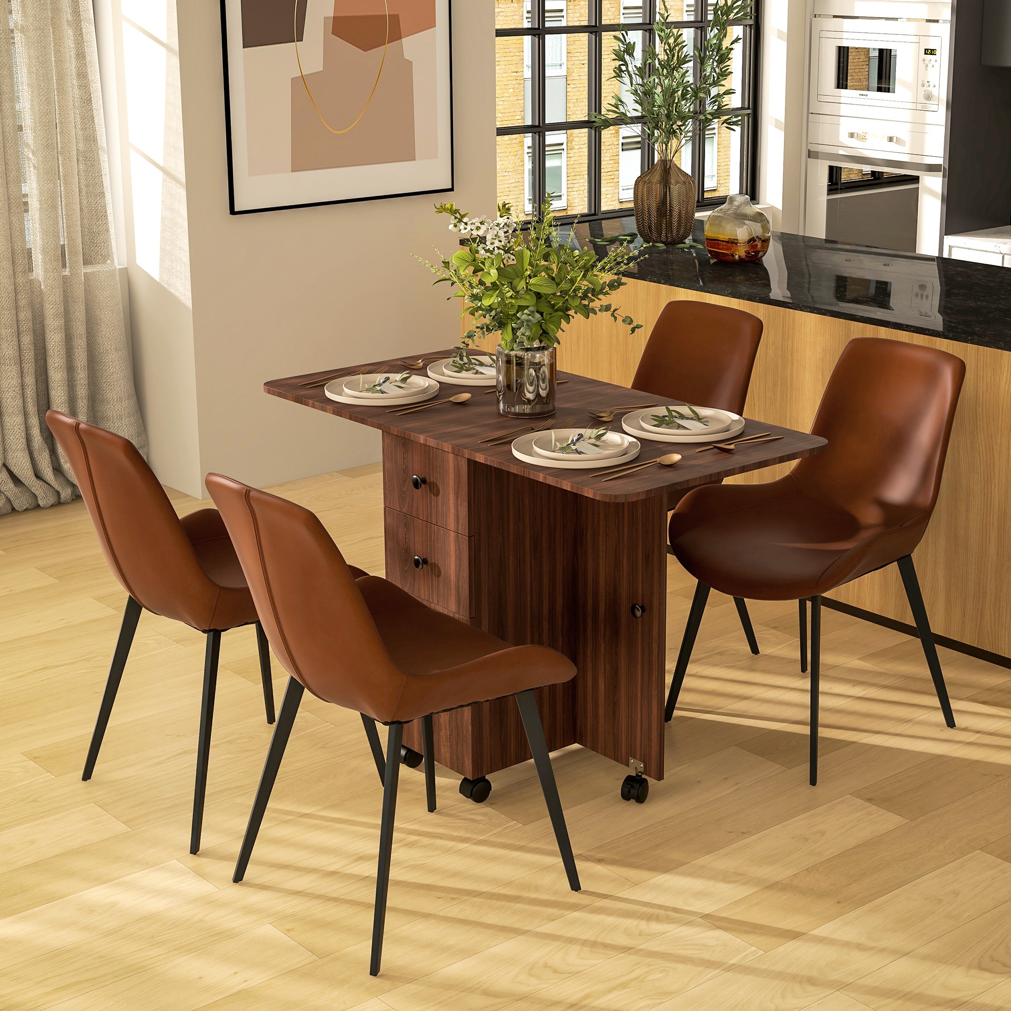 HOMCOM Multi-Storage Six-Person Drop Leaf Dining Table - Distressed Brown