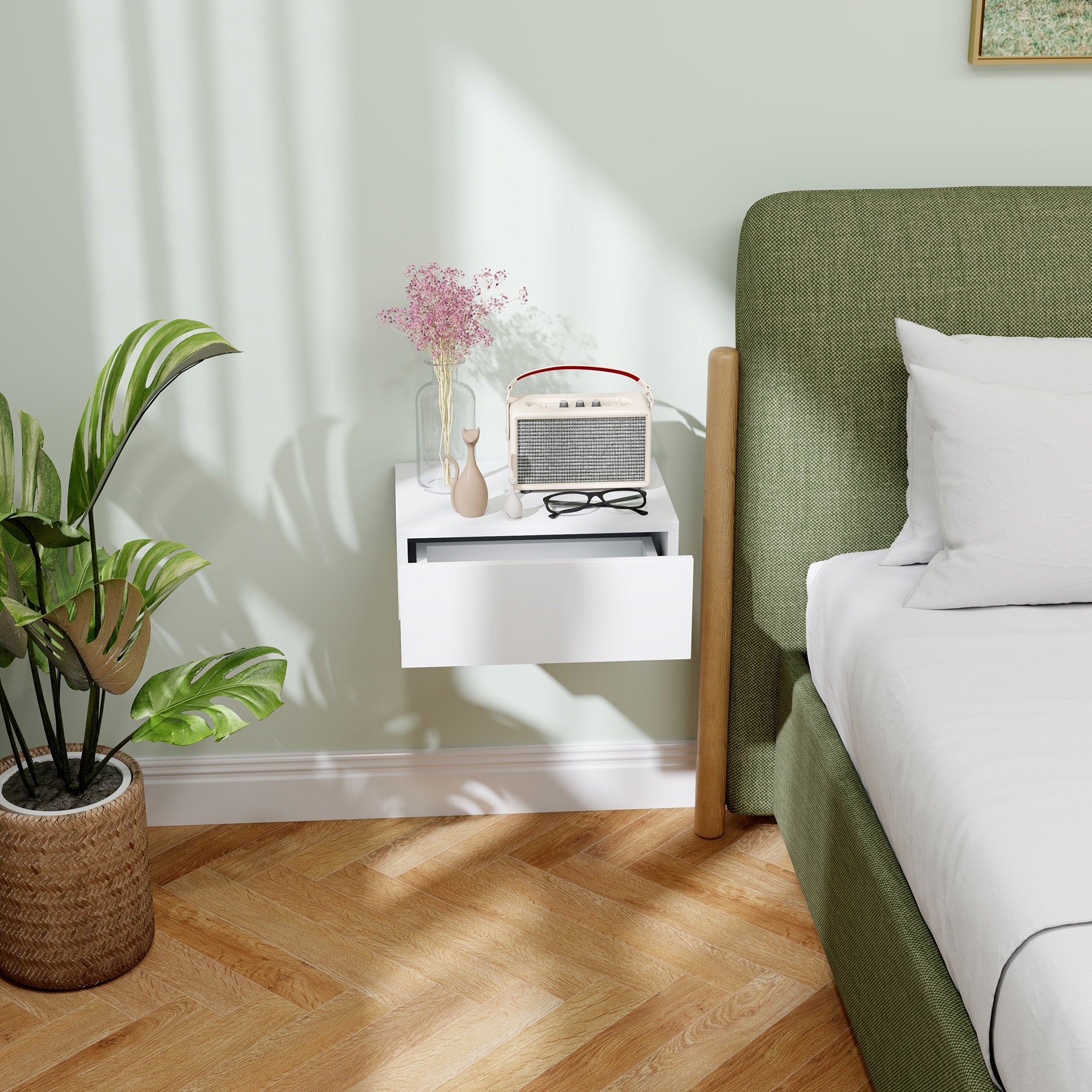HOMCOM Floating Bedside Table, Wall-Mounted Nightstand with Storage Drawer, Small Side End Table for Bedroom, White
