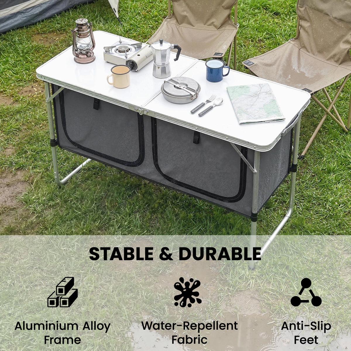 Outsunny Camping Cupboards Folding Portable Aluminium Camp Cook Station with Storage Cupboard for Outdoor BBQ