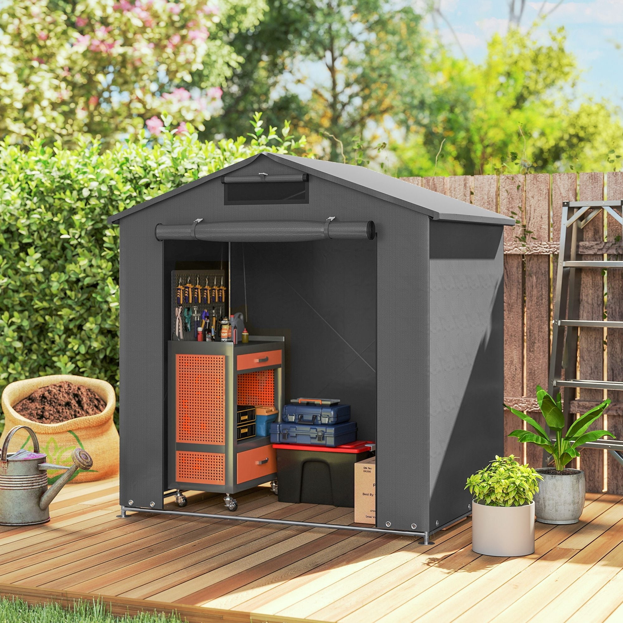Outsunny 6 x 4 ft Outdoor Garden Storage Shed, Waterproof Bike Tent with Vent and Roll-Up Zipper Door