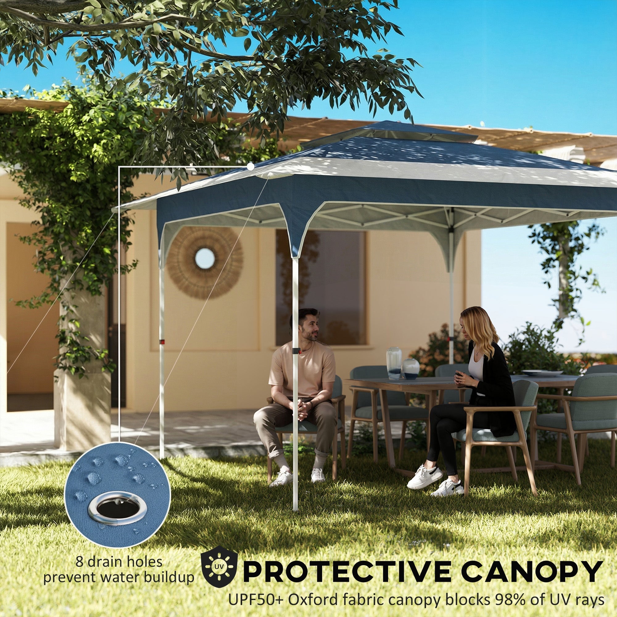 Outsunny 3.5 x 3.5 m Pop Up Gazebo with One-Push Setup, UPF50+ Double Tier Garden Party Tent Marquee with Carry Bag, Blue