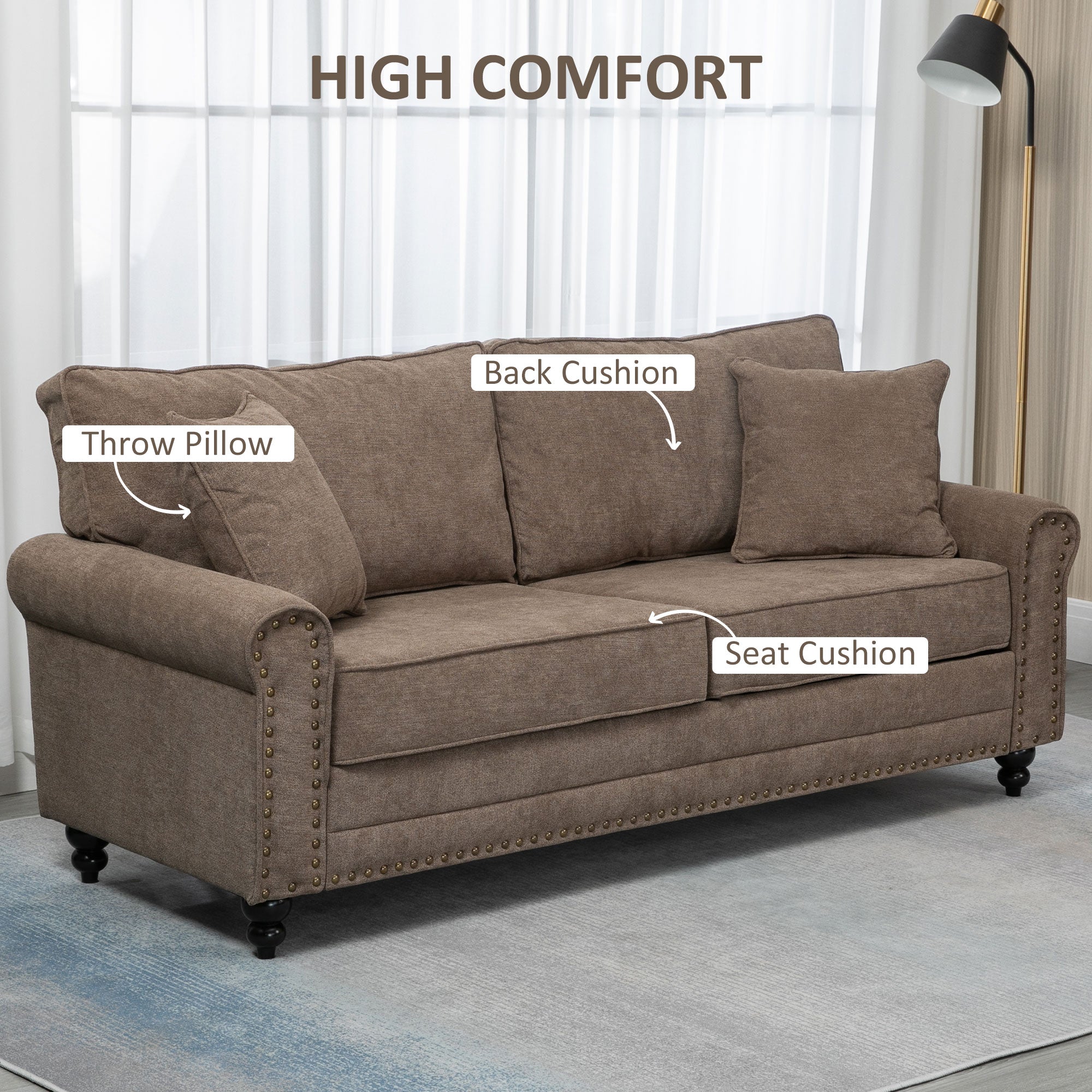 HOMCOM 3 Seater Sofa, Fabric Couch with Rubber Wood Legs, 3 Seater Settee with Extra Padded Cushions and Pillows for Living Room, 196W x 80.5D x 89H cm, Brown