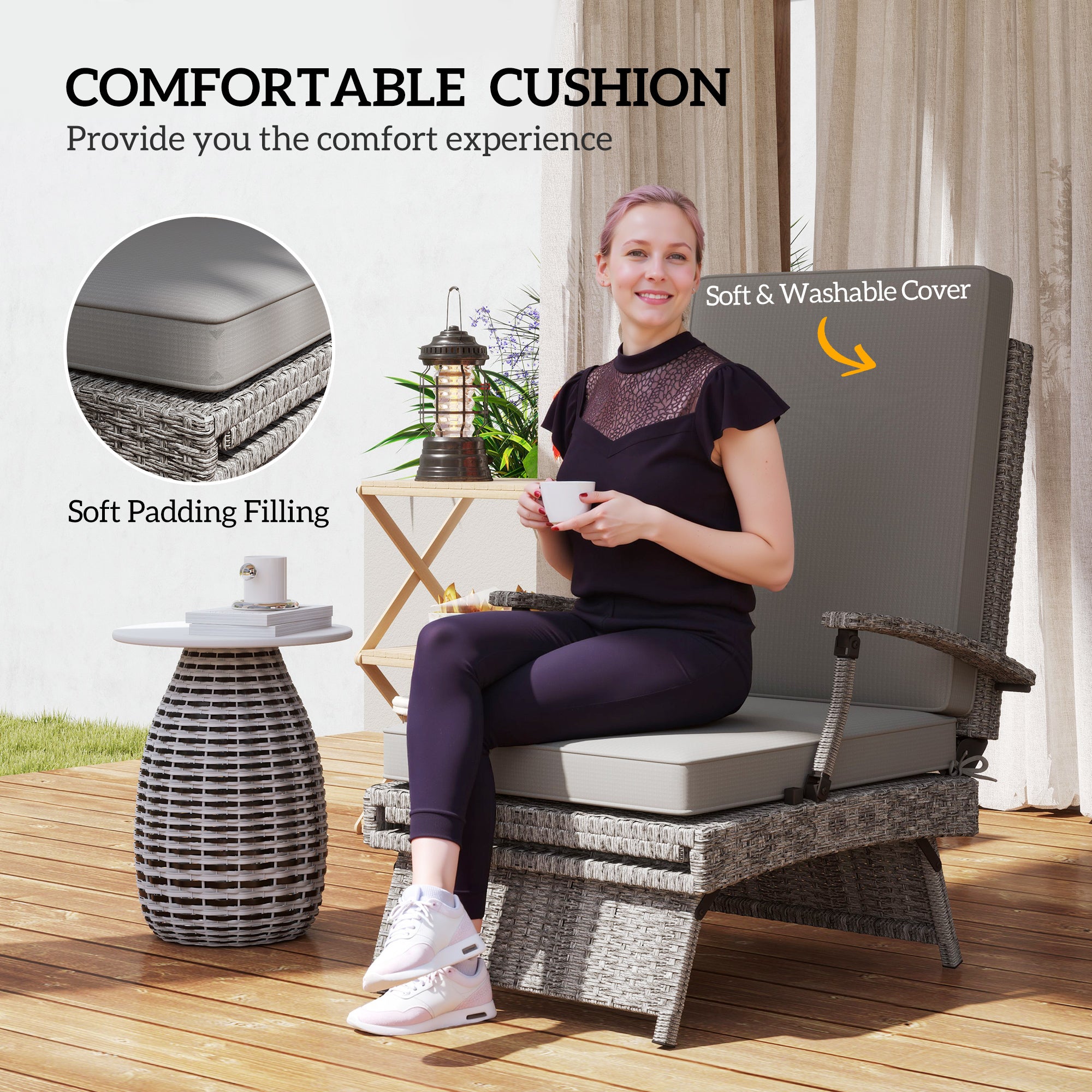 Outsunny 80√Ç¬∞ Reclining Rattan Lounger - Grey
