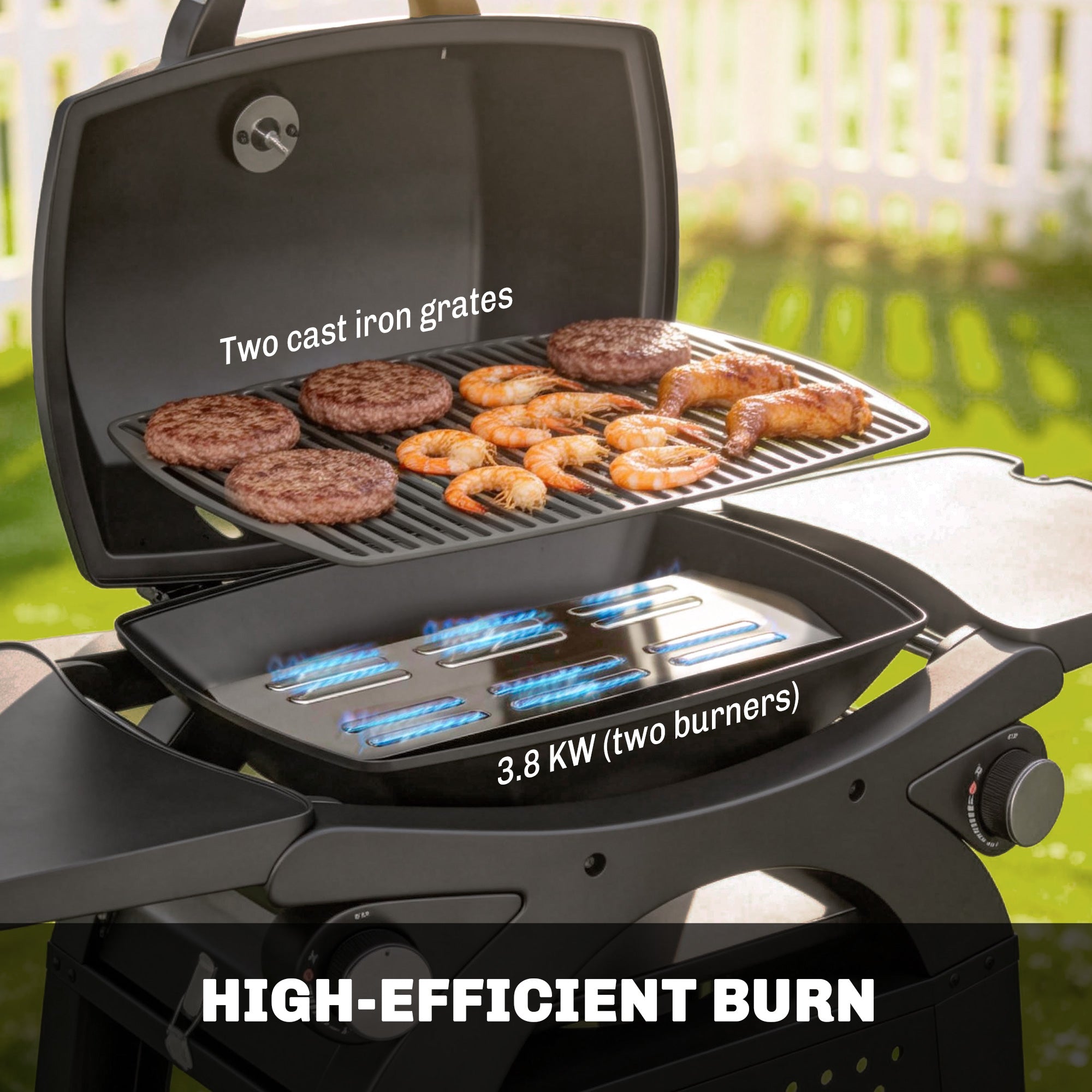 Outsunny 2 Burner Gas Grill with 2 Side Tables, 3.8 KW Barbecue Grill with Cast Iron Grates, 2-in-1 Tabletop BBQ with Wheels