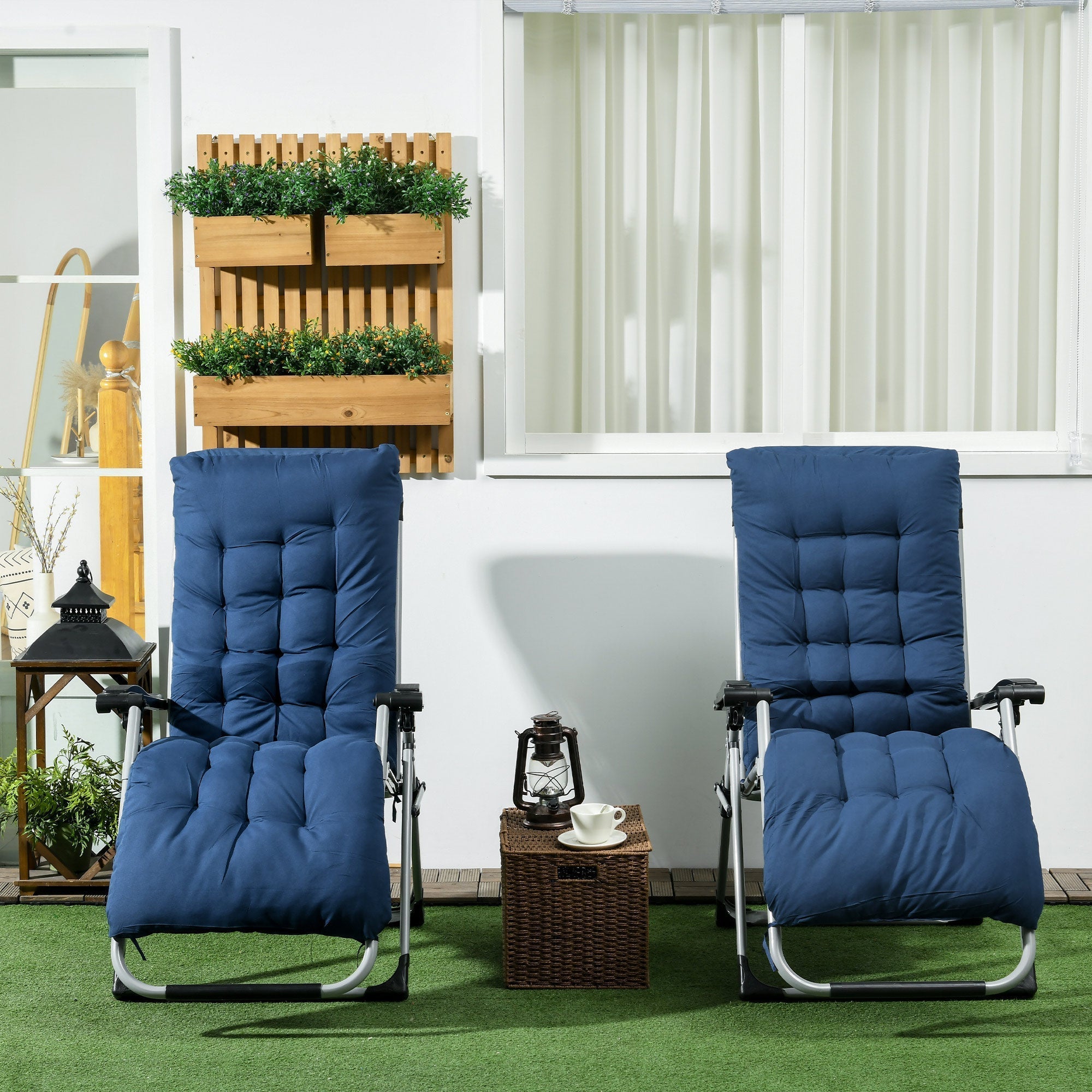 Outsunny 2pc Reclining Zero Gravity Sun Loungers ,Folding Chaise Lounge Chair with Cushions, Blue
