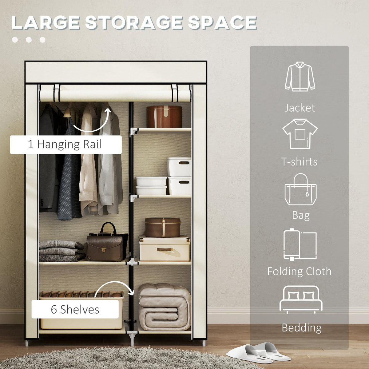 HOMCOM Fabric Wardrobe, Portable Wardrobe with 6 Shelves, 1 Hanging Rail, Foldable Closets, 103 x 43 x 162.5 cm, Cream White