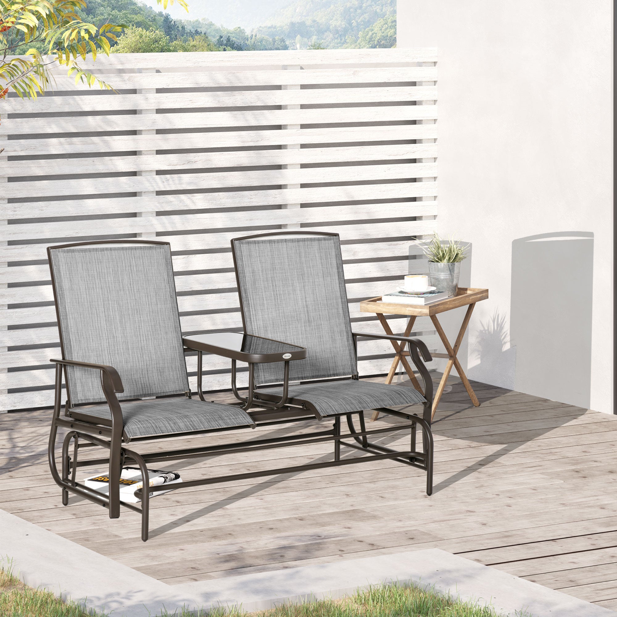 Outsunny 2 Seats Garden Glider Bench, Metal Frame Loveseat with Glass Top Centre Table, Porch Rocking Glider for 2 Person, for Deck, Patio, Brown/ Grey