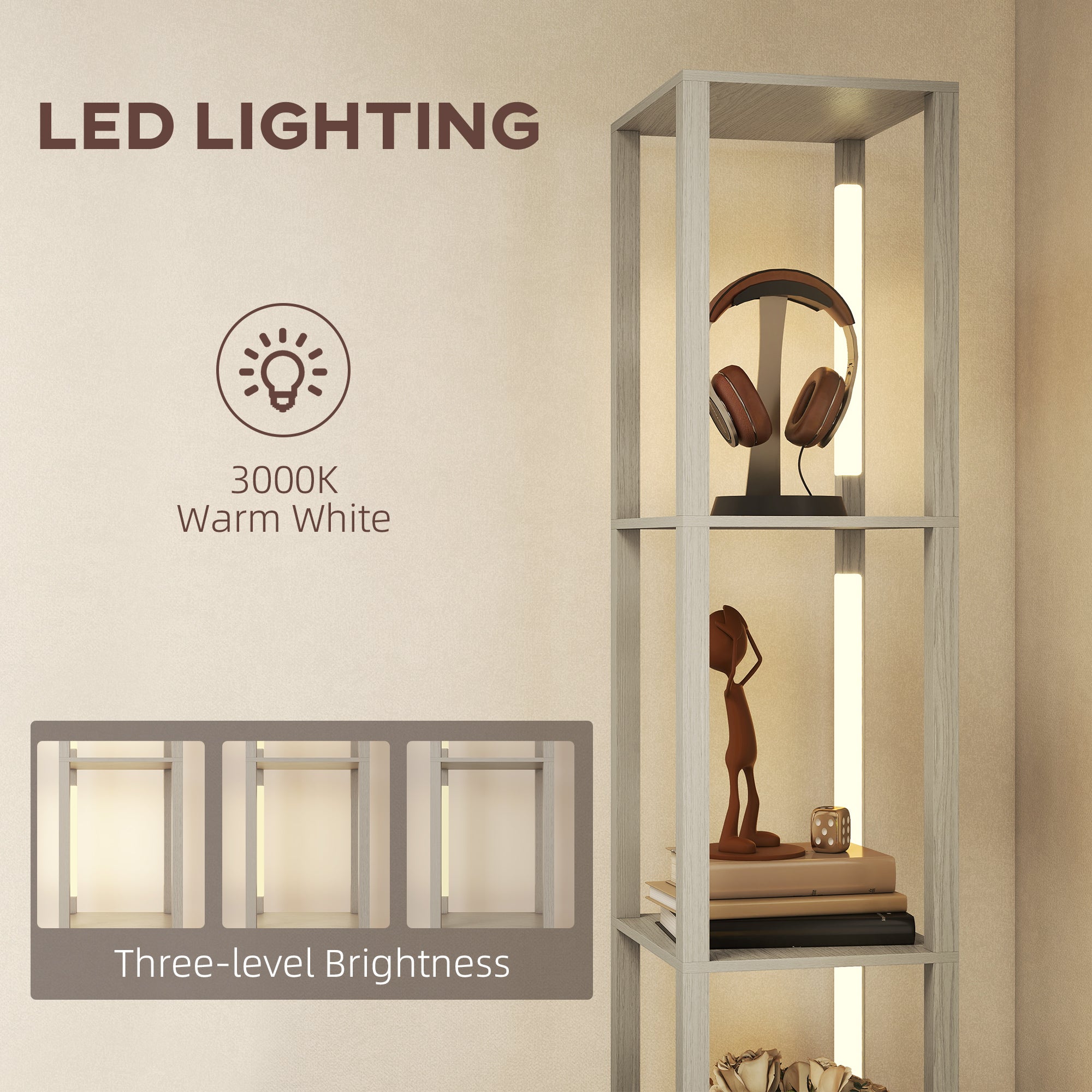 HOMCOM Floor Lamp with Shelves, LED Column Modern Standing Lamp with Fabric Drawer, Adjustable Brightness, Foot Switch for Living Room, Bedroom, Office, Oak