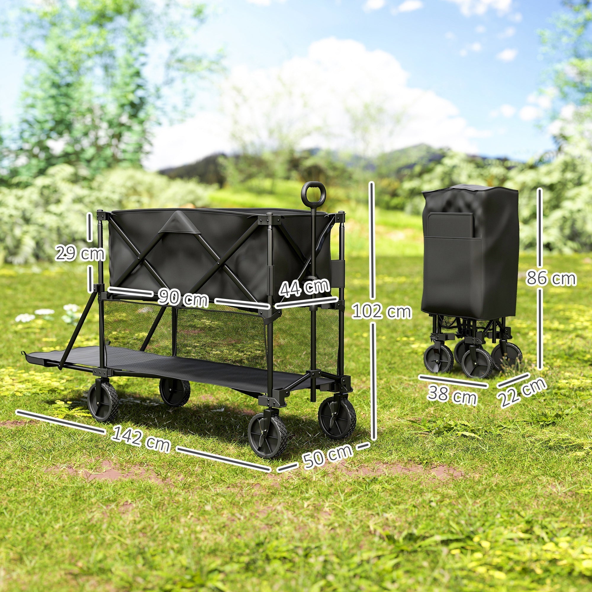 Outsunny Double Decker Folding Festival Trolley on Wheels, 200KG & 350L Capacity Collapsible Wagon Festival Trolley Cart with 134cm Extended for Camping Sports Shopping Garden and Beach, Black