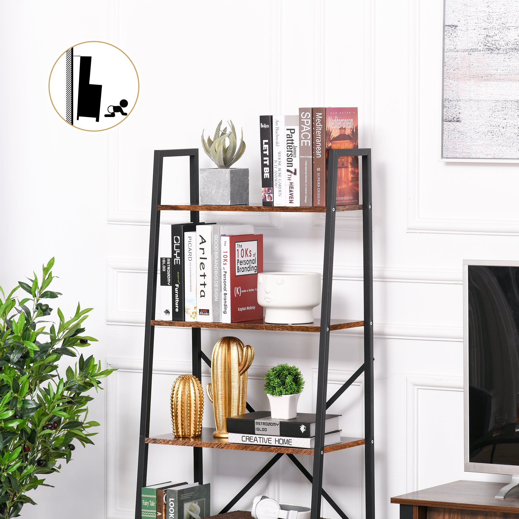 HOMCOM Ladder Shelf, Bookshelf, 4-Tier Industrial Storage Rack for Living Room, Bedroom, Kitchen, Rustic Brown and Black