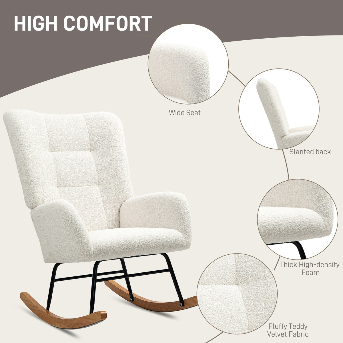 HOMCOM Teddy Fleece Rocking Chair - Cream White