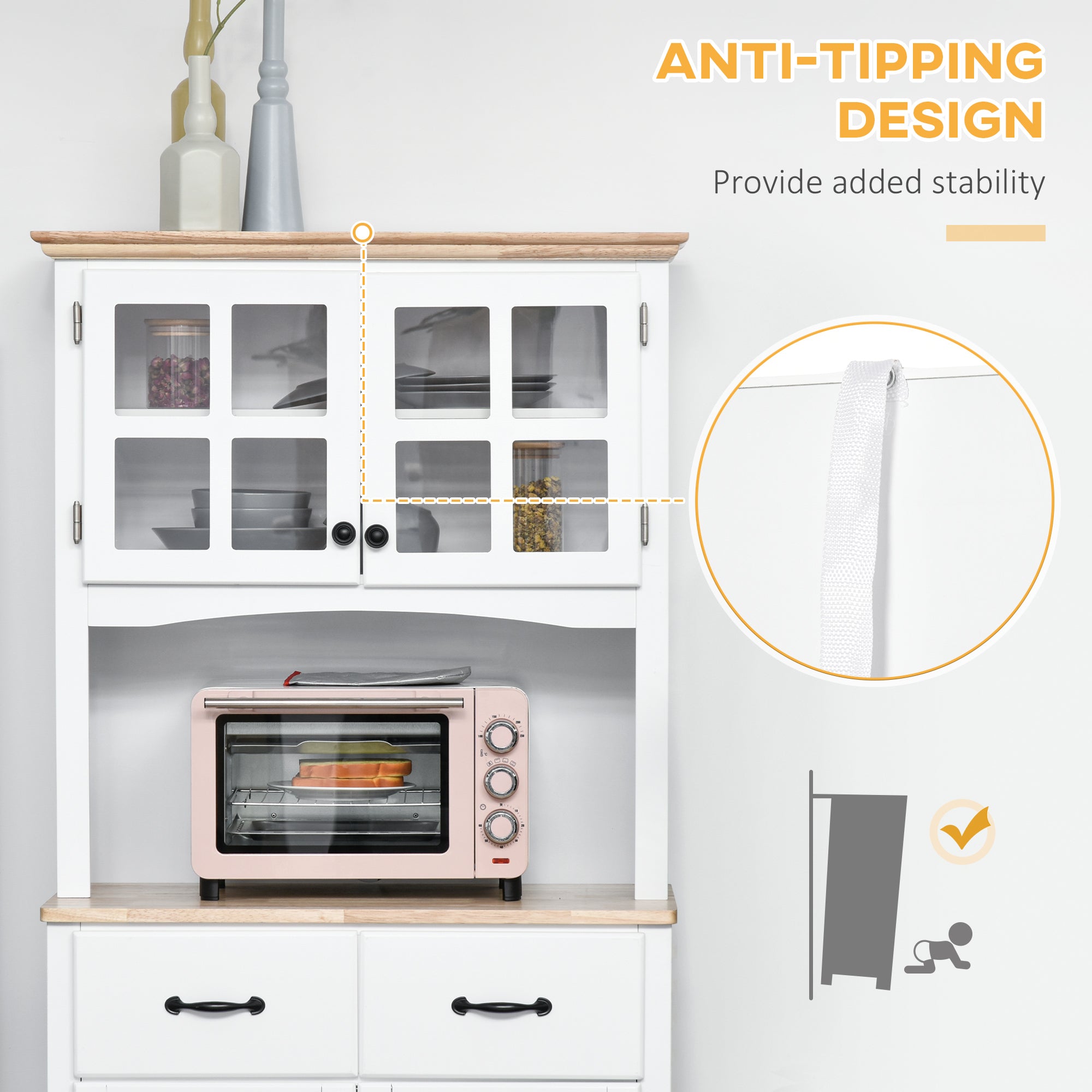 HOMCOM Freestanding Kitchen Cupboard, Kitchen Storage Cabinet with Framed Glass Doors, 2 Drawers, Microwave Counter, White