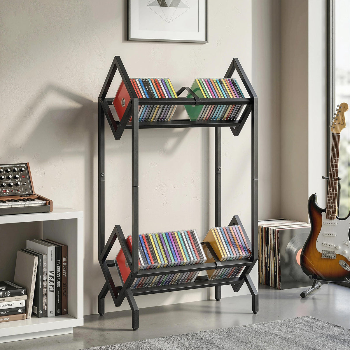 HOMCOM 50 CD Storage Rack, 2-Tier Metal CD Storage Unit, Free Standing, Easy to Assemble, Black