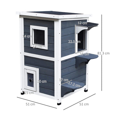 Outdoor Solid Wood 2-Floor Cat Condo Pet House Kitten Shelter, Grey