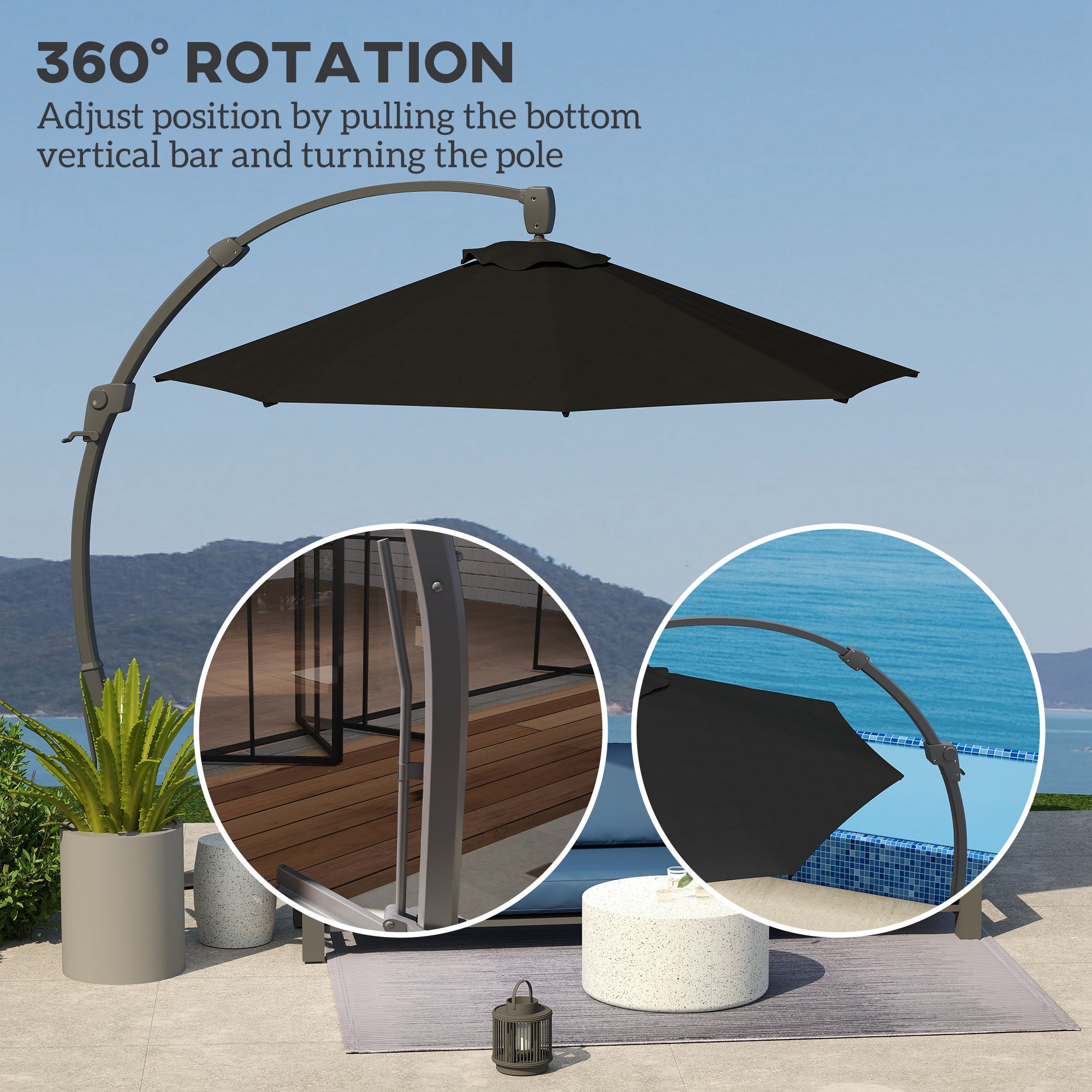 Outsunny 3(m) Garden Cantilever Parasol, Round Overhanging Umbrella with Crank Handle, Cross Base, Aluminium Frame and 360√Ç¬∞ Rotation, Banana Patio Umbrella for Outdoor Sun Shade, Black