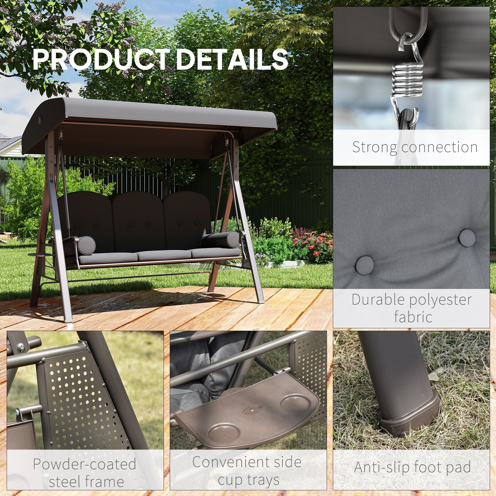 Outsunny 3 Seater Garden Swing Chair Outdoor Hammock Bench w/ Adjustable Canopy, Cushions and Cup Trays, Brown Steel Frame, Dark Grey Fabric