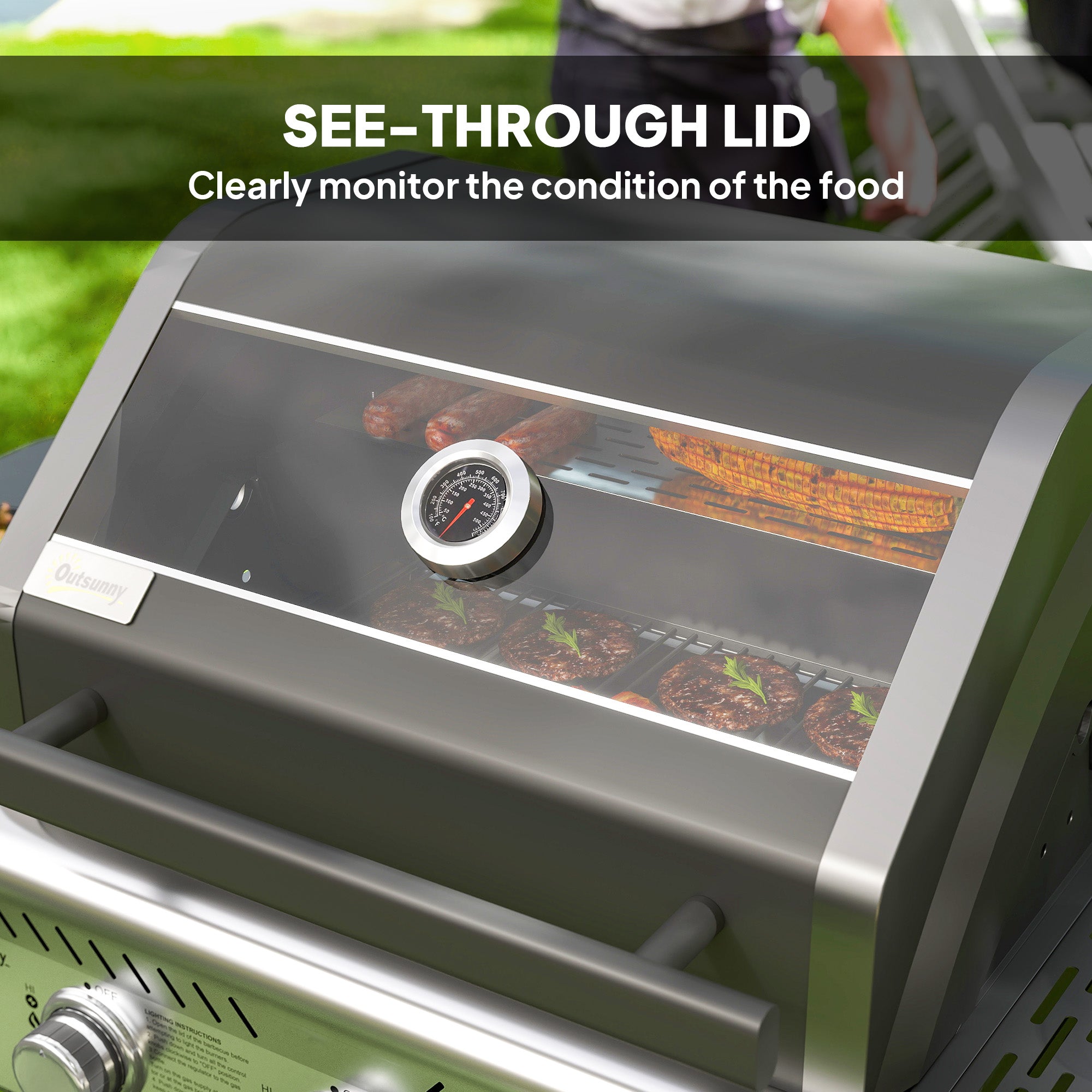 Outsunny 7.5kW Three-Burner Gas BBQ Grill, with See-Through Lid - Black