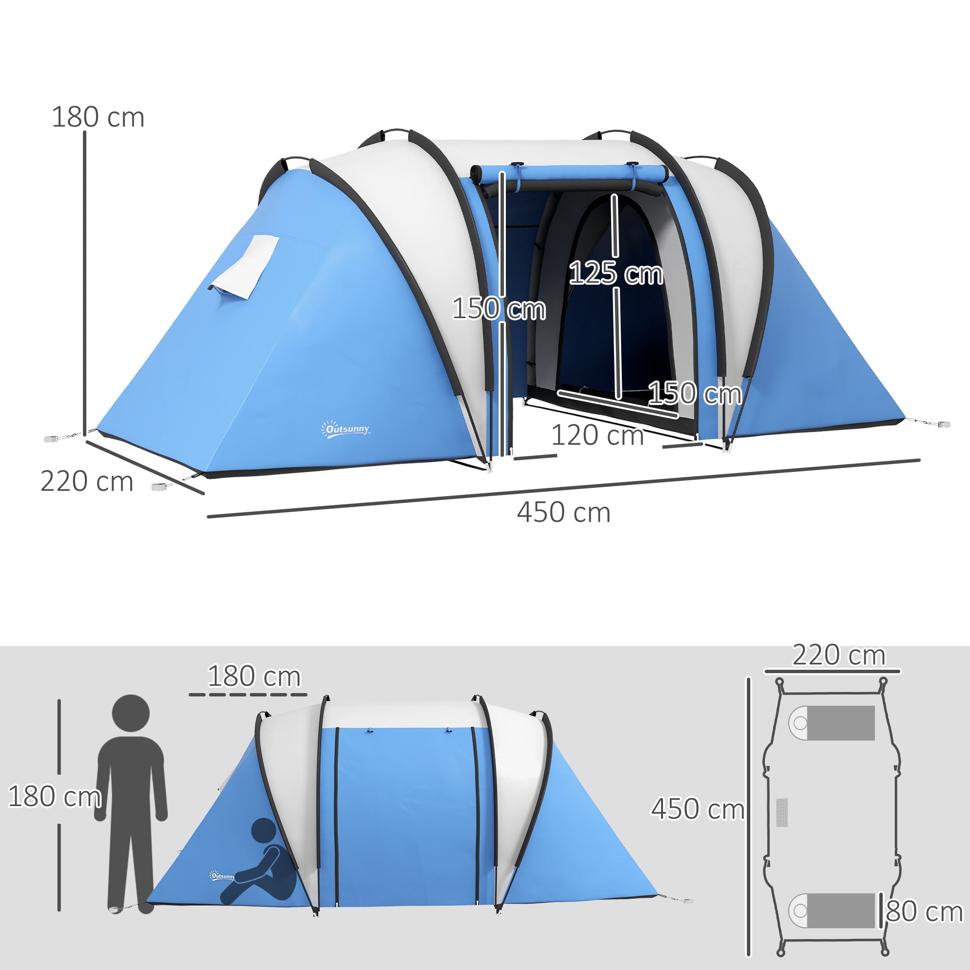 Outsunny Two-Man Tent, with Bedrooms, Living Room and Canopy - Blue