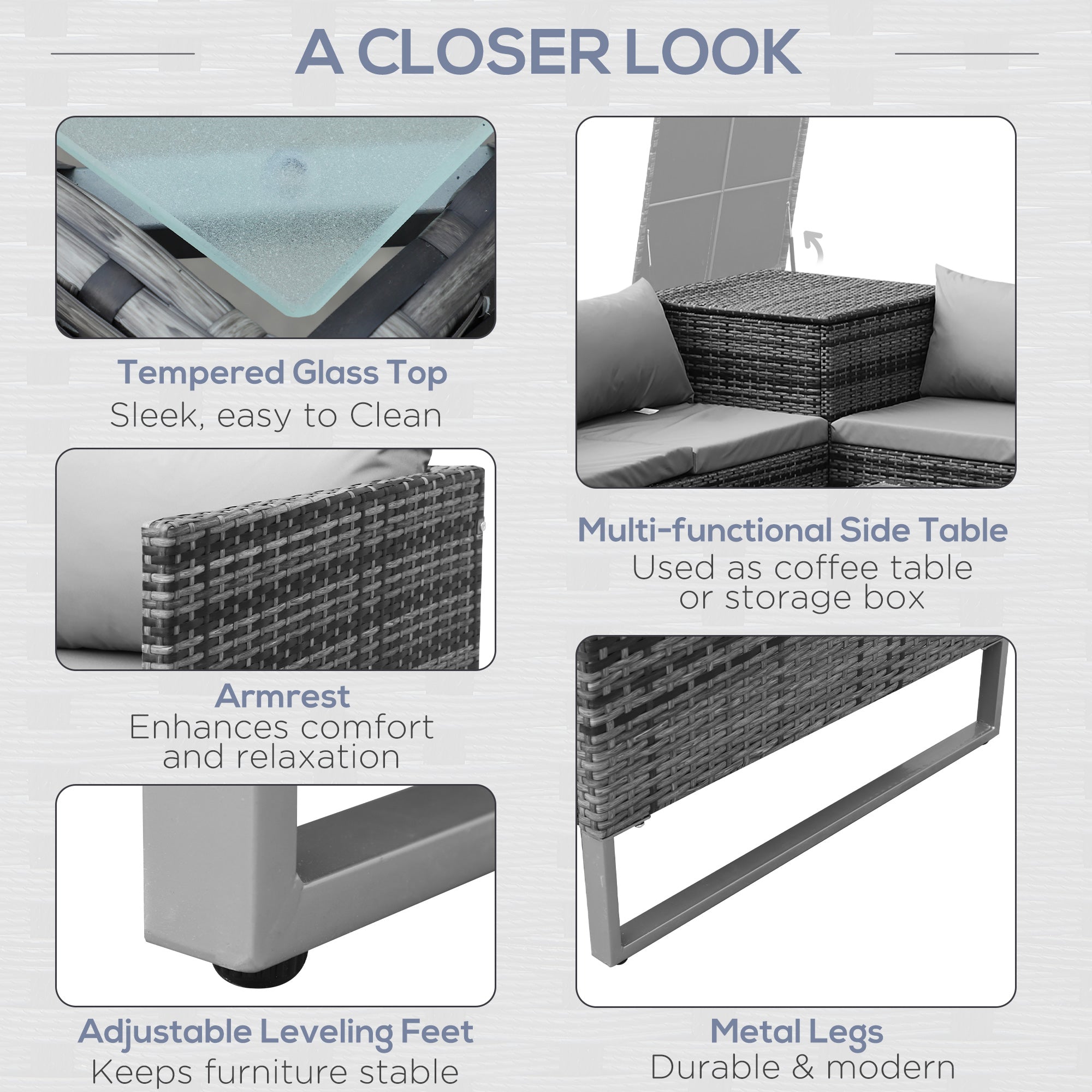 Outsunny 4pc Garden Rattan Wicker Outdoor Furniture Patio Corner Sofa Love Seat and Table Set with Cushions Side Desk Storage, Mixed Grey