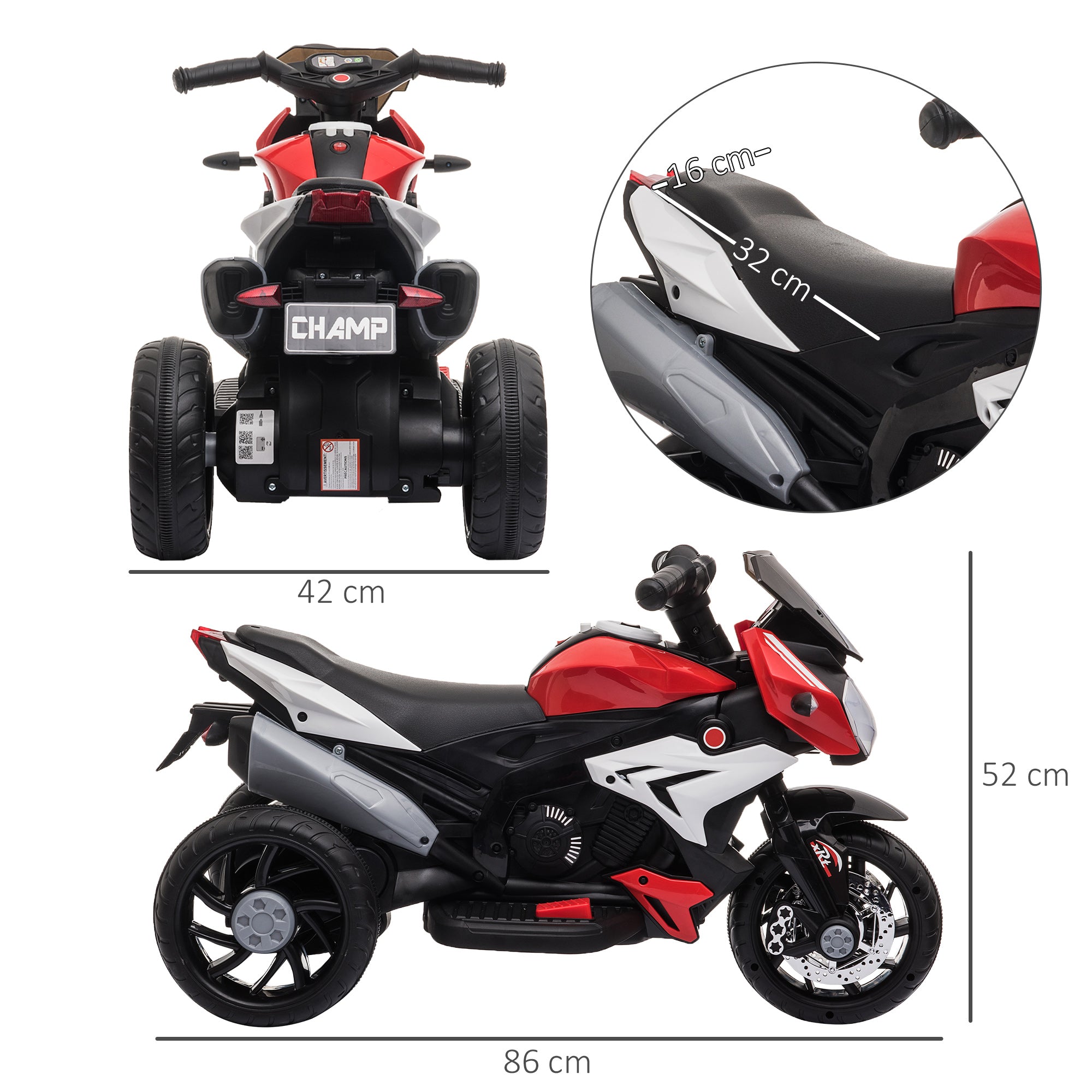 HOMCOM Kids Electric Motorcycle Ride-On Toy, with Three Wheels, Music, Horn, Lights, Red
