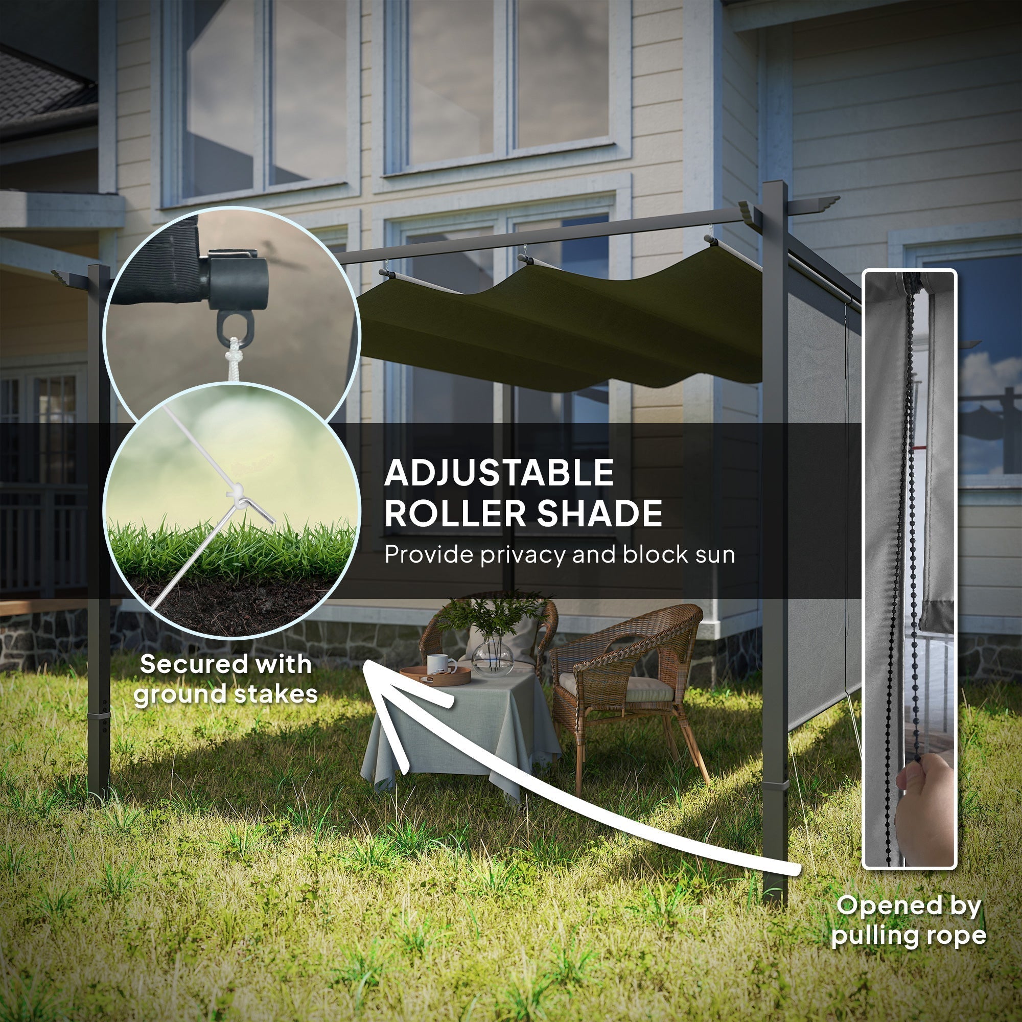 Outsunny 3 x 4m Metal Pergola with Retractable Roof and Roller Shade, Free Standing Garden Gazebo Canopy Pergola Kit, UPF30+ Outdoor Sun Shade Shelter, Grey