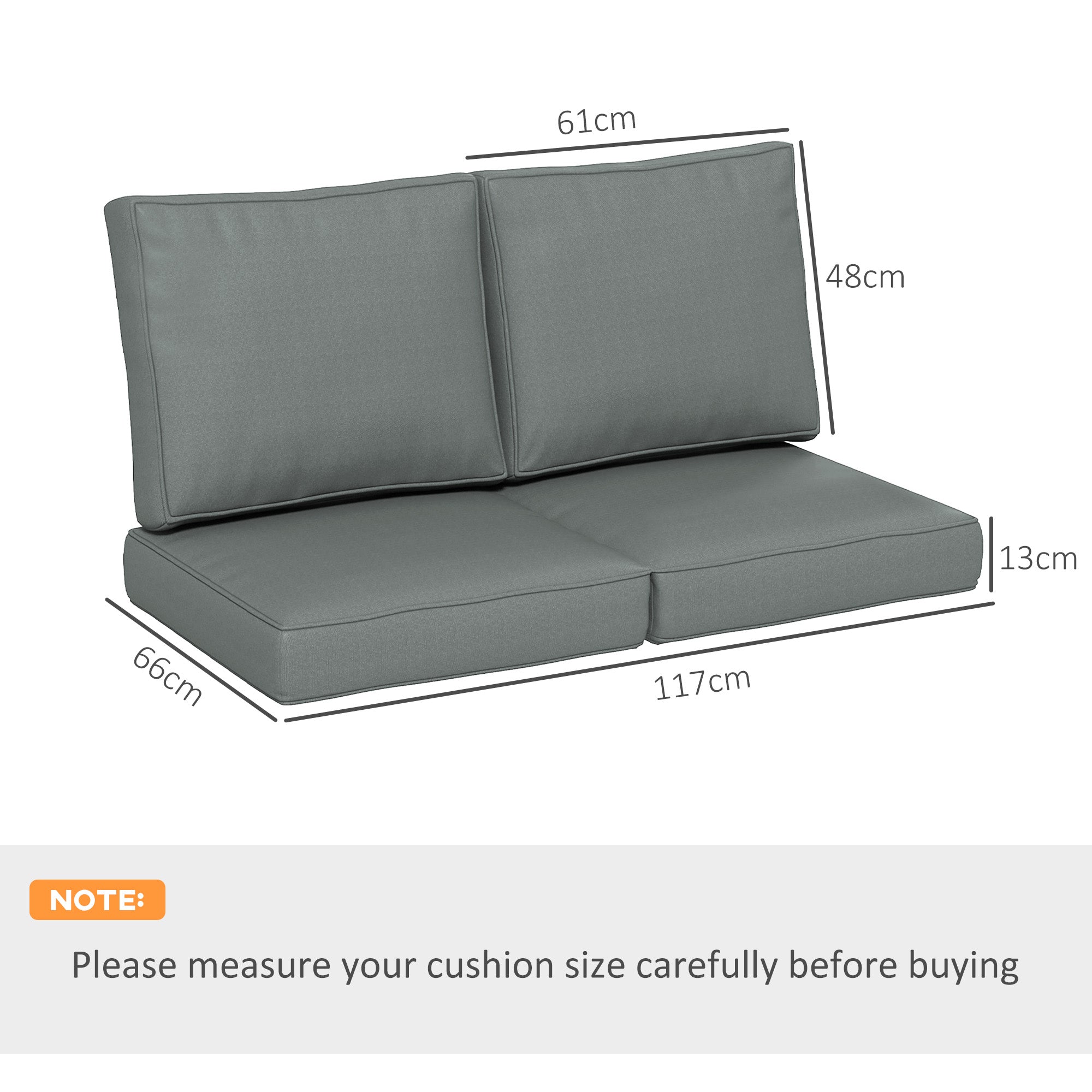 Outsunny 2 Seater Back and Seat Cushion Pillows Replacement, Patio Chair Cushions Set for Indoor Outdoor, Charcoal Grey