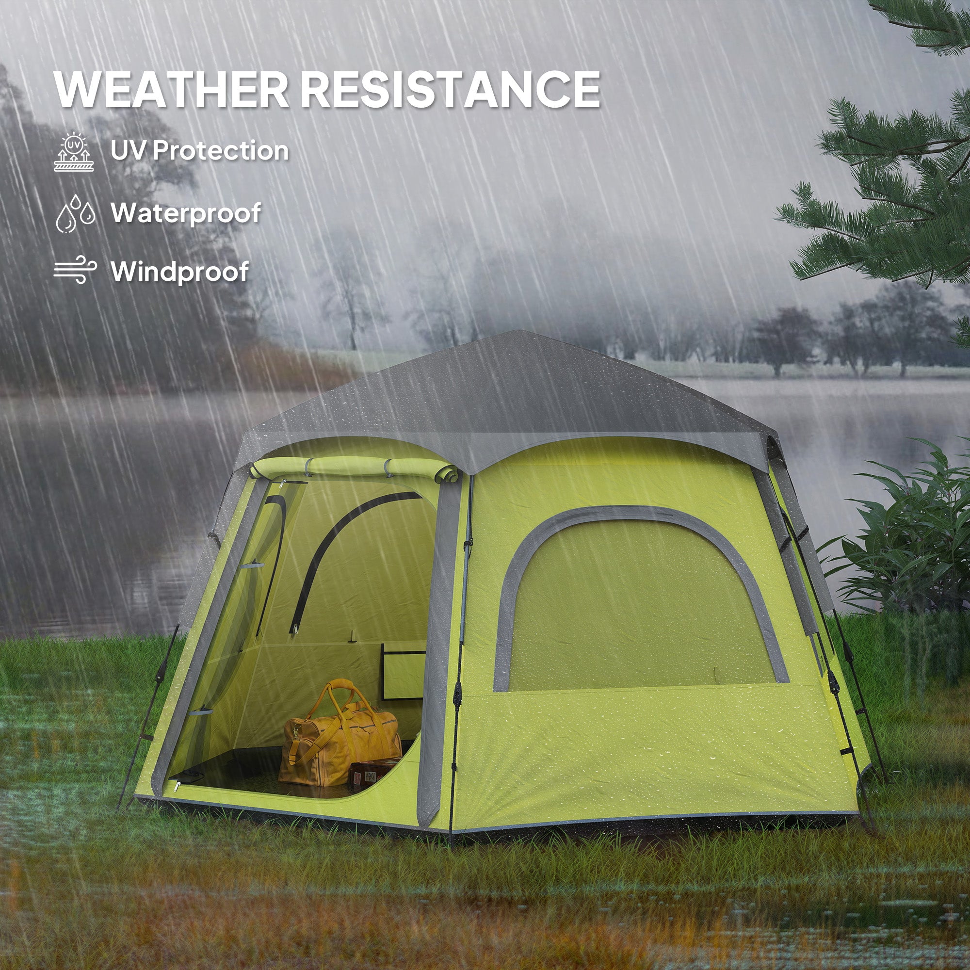 Outsunny Instant Pop Up Camping Tent, 2/3/4 Person Easy Setup Dome Family Tent with Vestibule, Rainfly, 4 Mesh Windows & 2 Doors, Hexagonal Design, Waterproof & UV Protected, Yellow Green