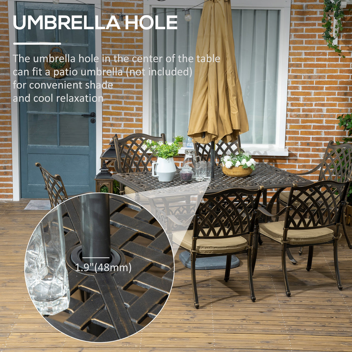 Outsunny 7 PCs Garden Patio Dining Set with Parasol Hole, Cast Aluminium Outdoor Furniture Set with Six Cushioned Chairs and