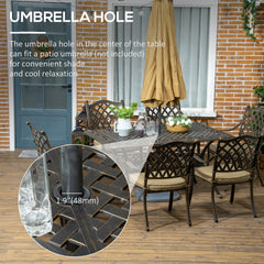 Outsunny 7 PCs Garden Patio Dining Set with Parasol Hole, Cast Aluminium Outdoor Furniture Set with Six Cushioned Chairs and